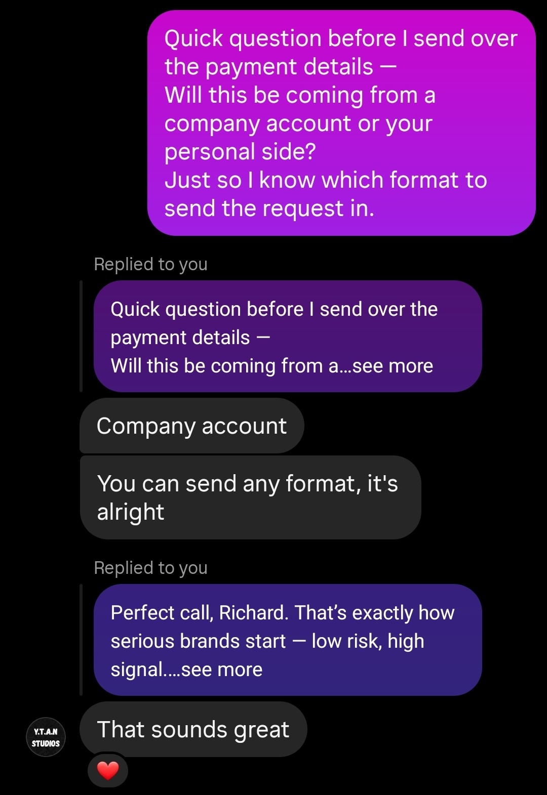 Payment details discussion from a company account
