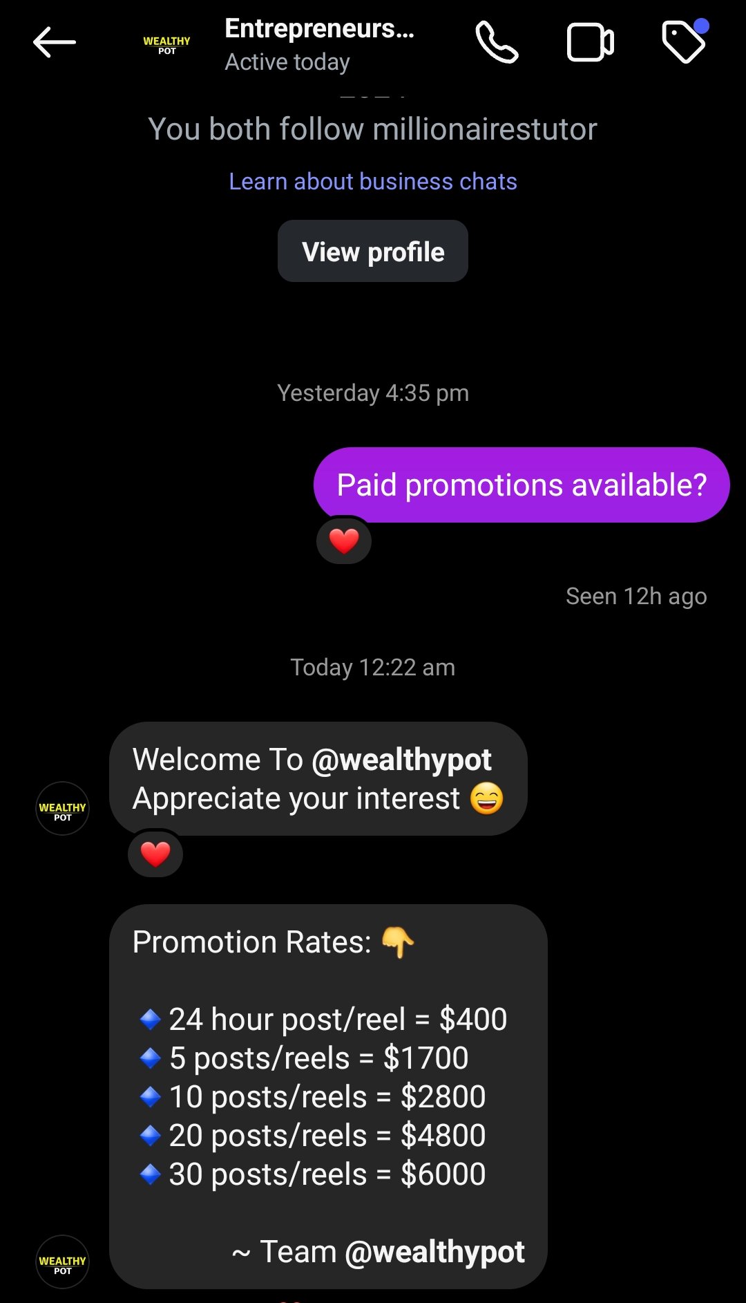 Promotion rate card from 400 to 6000 dollars