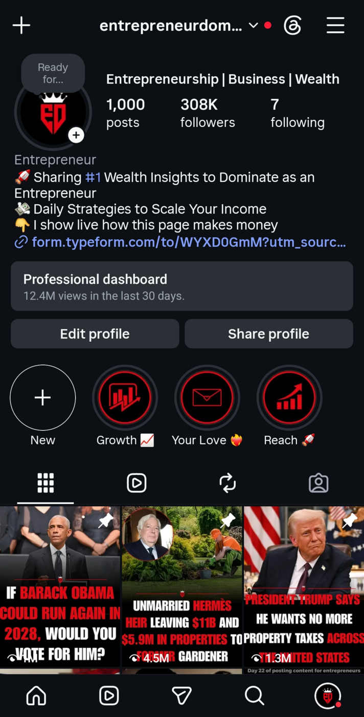 The live page profile at 308,000 followers
