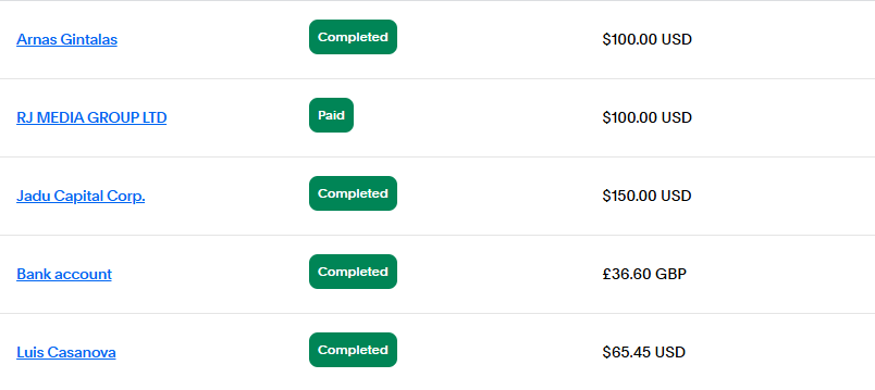 List of completed payouts clearing