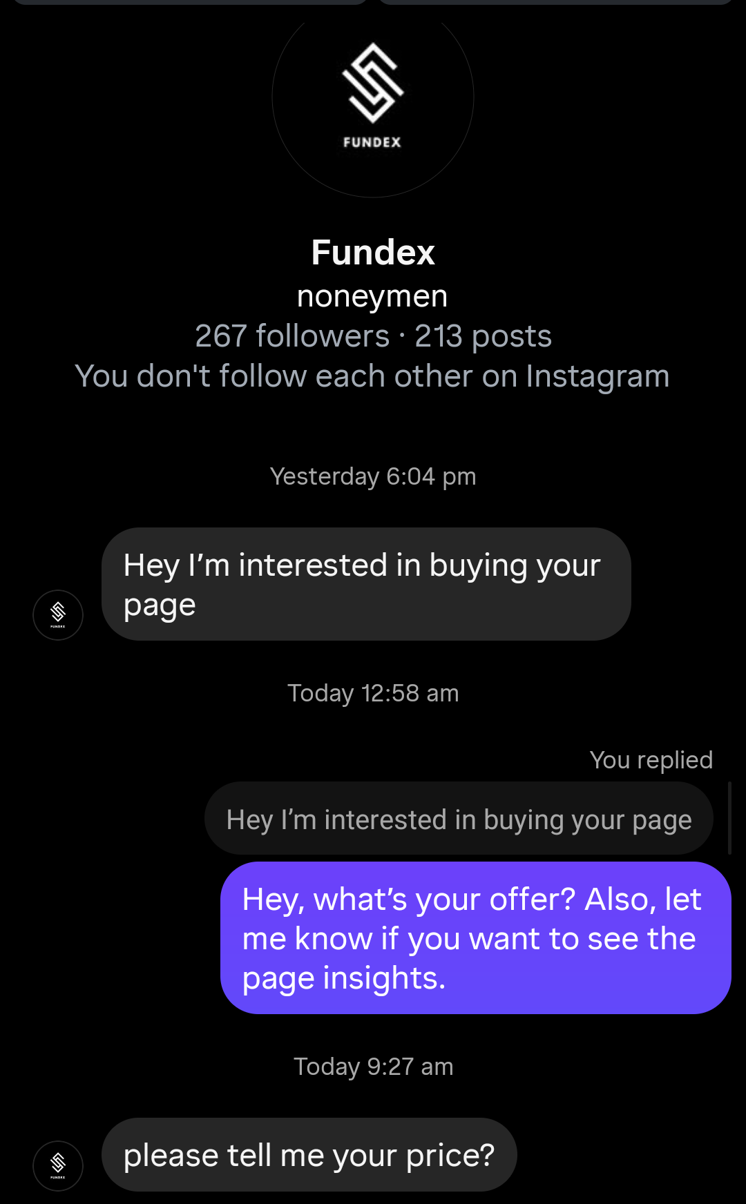 Message expressing interest in buying the page